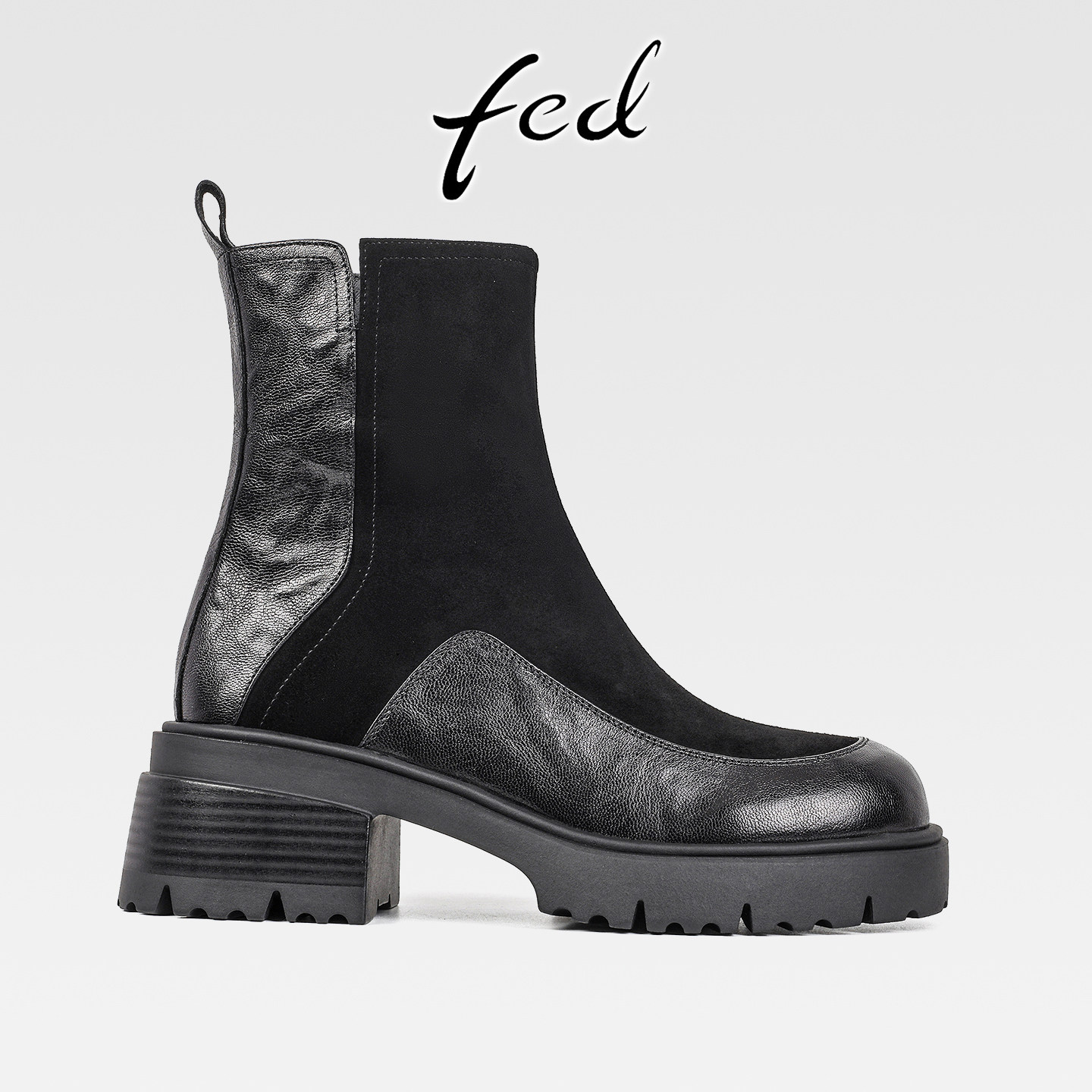 fed复古真皮粗跟厚底马丁靴女秋冬新款侧拉链中跟圆头显瘦小短靴