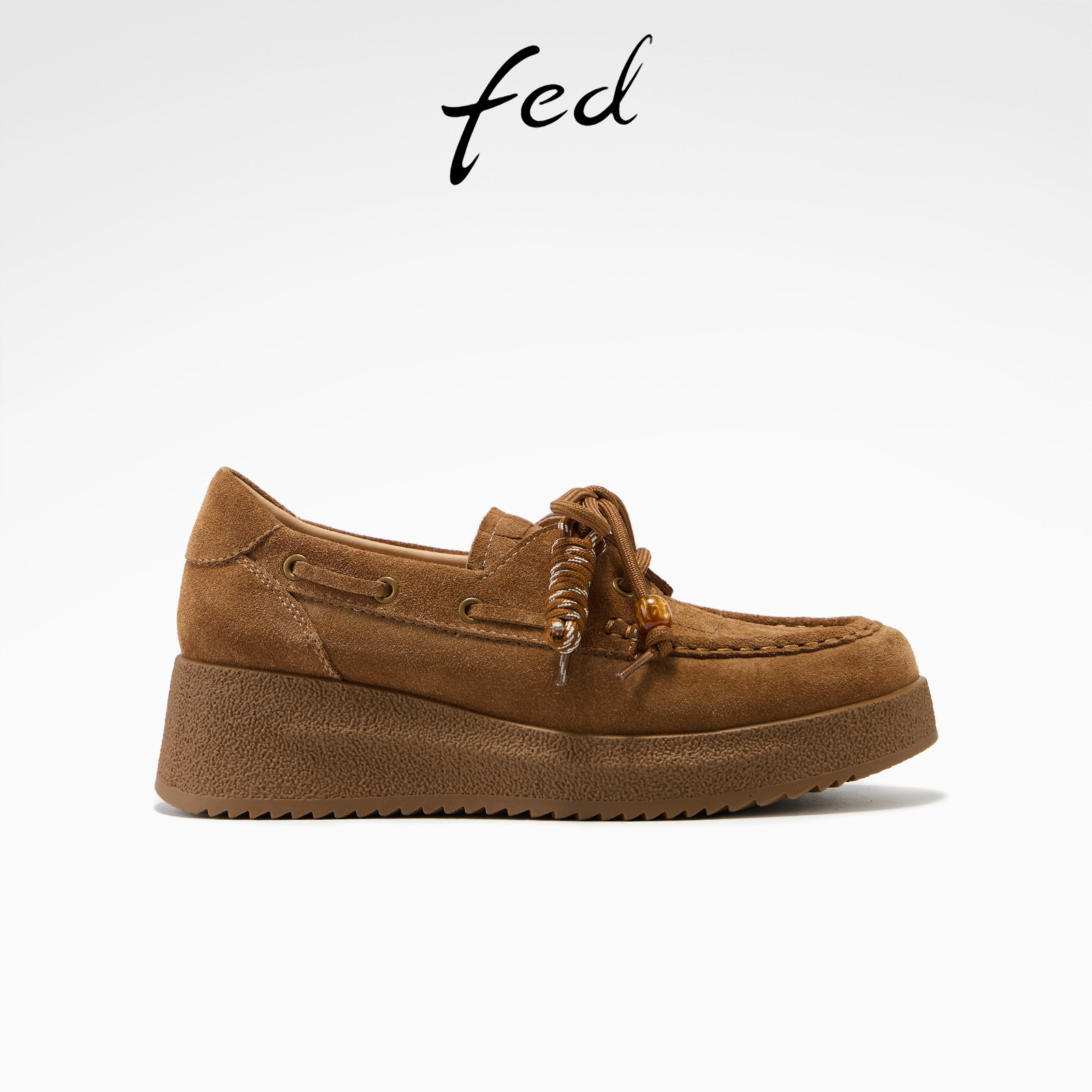 fed可可厚土单鞋春季新款女鞋厚底袋鼠鞋增高系带乐福鞋女款YA603