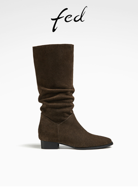 fed真皮中筒靴冬季新款靴子复古堆堆靴尖头时装靴女R1113-ZFA915