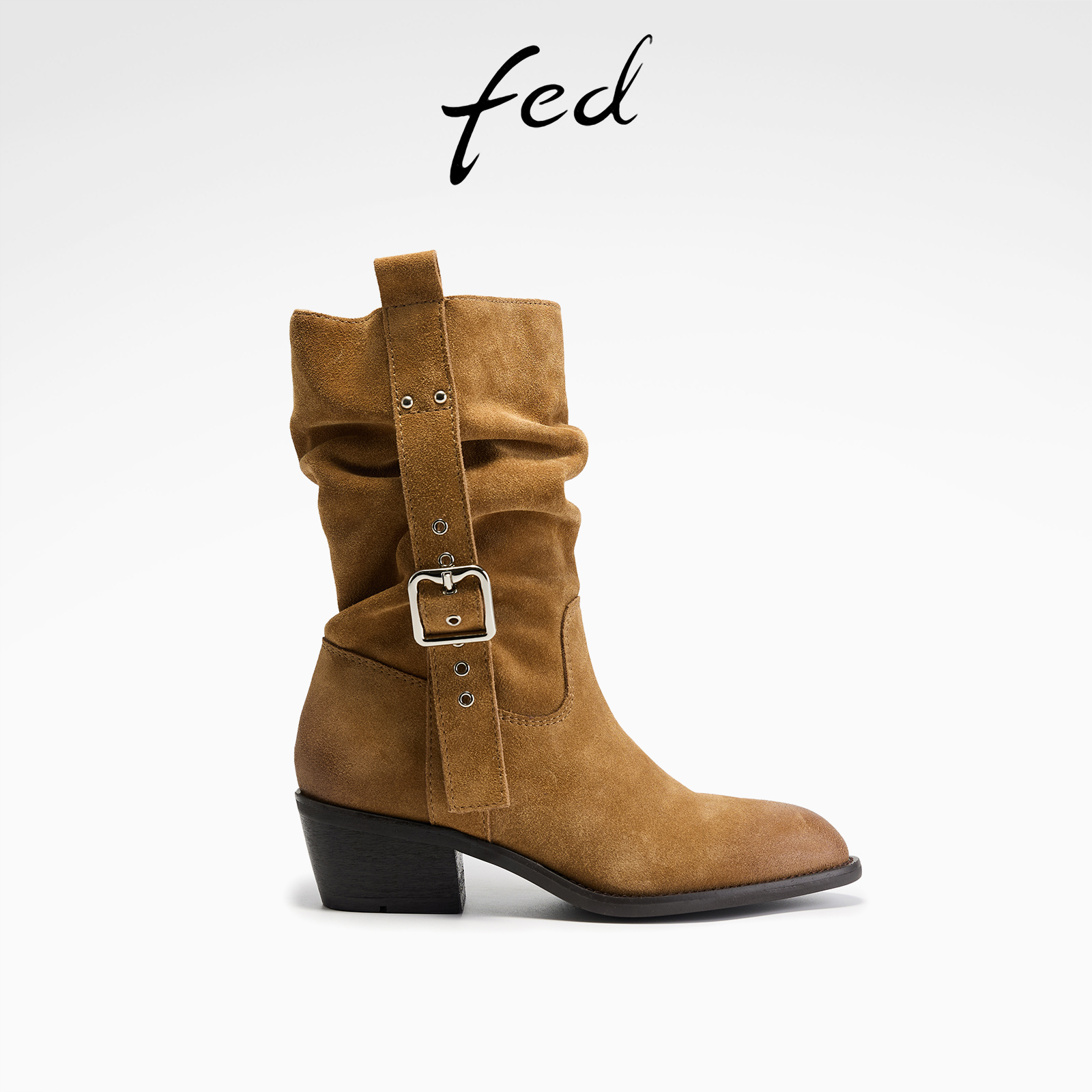 fed气质时装靴冬季新款女靴褶皱西部靴复古中筒靴女款S1104-ZC265