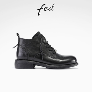 S0925 女靴粗跟马丁靴气质西部靴女款 ZC351 新款 fed黑色真皮靴冬季