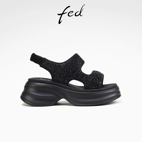 fed厚底运动凉鞋夏季新款女鞋黑色一脚蹬增高凉鞋女款S0421-YA591