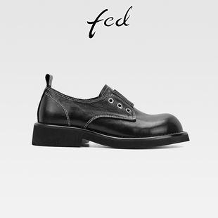 一脚蹬中跟圆头深口单鞋 fed真皮粗跟厚底加绒乐福鞋 女复古小皮鞋
