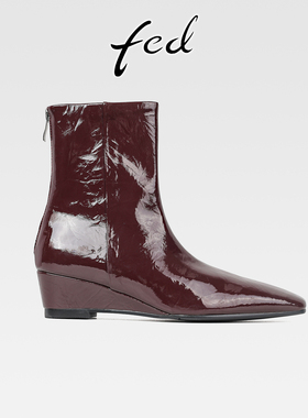 fed高级感真皮坡跟酒红色瘦瘦靴女秋冬新款后拉链中跟方头小短靴