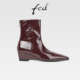 fed高级感真皮坡跟酒红色瘦瘦靴女秋冬新款 后拉链中跟方头小短靴