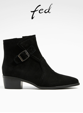 fed粗跟时装靴女冬季新款靴子尖头切尔西靴真皮短靴女R1007-ZF900