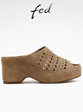 fed复古凉拖夏季新款女鞋厚底镂空半拖反绒鱼嘴拖鞋女S0526-YA738