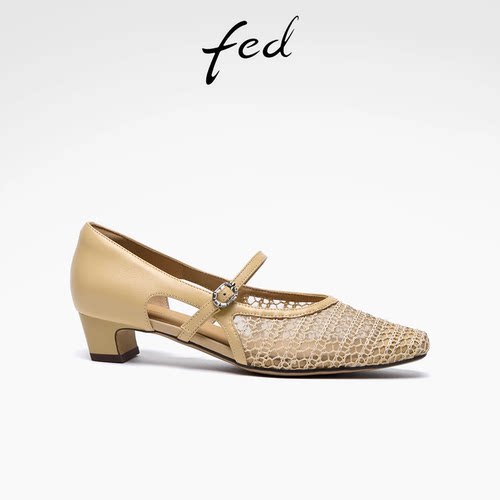 fed黄色浅口玛丽珍鞋编织凉鞋女