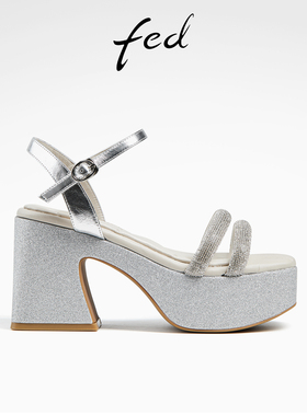 fed银色粗高跟凉鞋夏季新款女鞋防水台厚底凉鞋女款D0420-YAB859