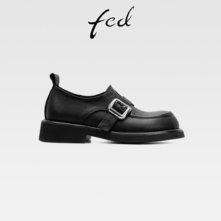 一脚蹬圆头深口单鞋 fed英伦风真皮厚底皮带扣乐福鞋 女复古小皮鞋