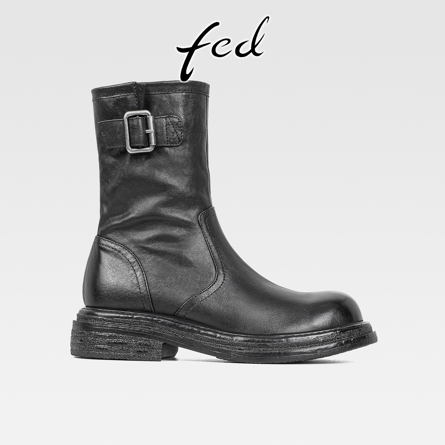 fed英伦风复古真皮粗跟厚底马丁靴女秋冬款侧拉链圆头皮带扣短靴