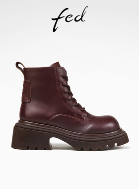 fed英伦风马丁靴冬季新款女靴厚底短靴真皮机车靴女D1105-YAB930