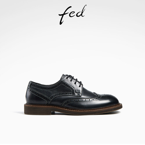 深口系带单鞋女布洛克英伦乐福鞋