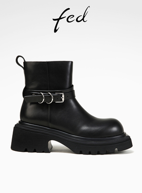 fed厚底真皮靴冬季新款女靴黑色短靴皮带扣时装靴女款D1105-YA929