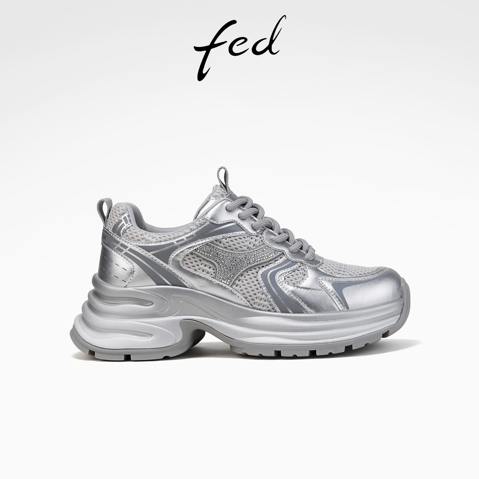 fed银色老爹鞋春季新款女鞋水钻休闲鞋网面运动鞋女S0205-ZCA739