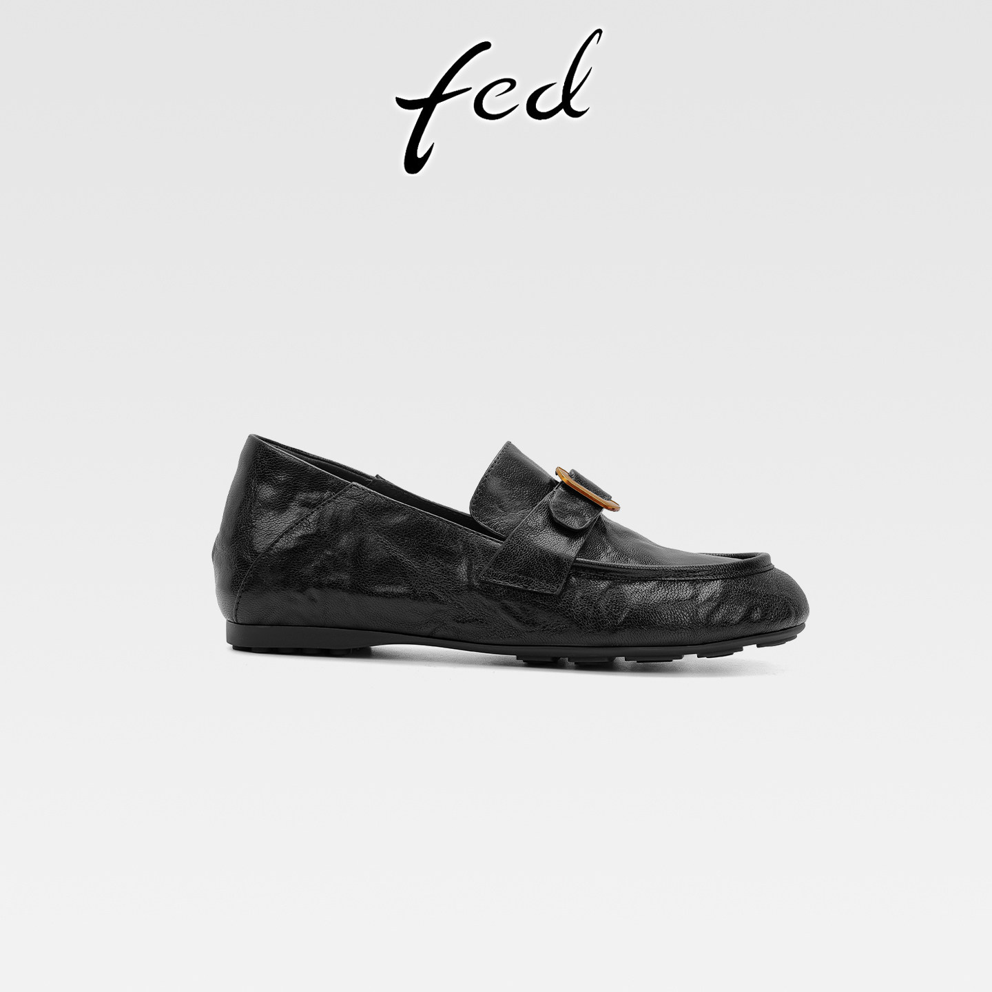 fed真皮软底乐福鞋女复古皮带扣小皮鞋一脚蹬内增高圆头深口单鞋