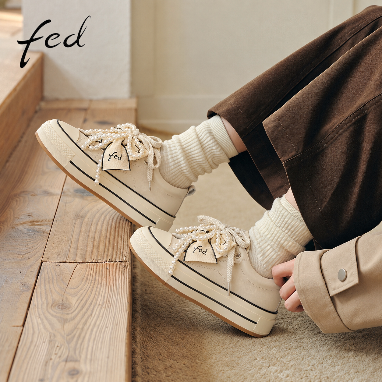 fed白色厚底休闲鞋增高小白鞋女