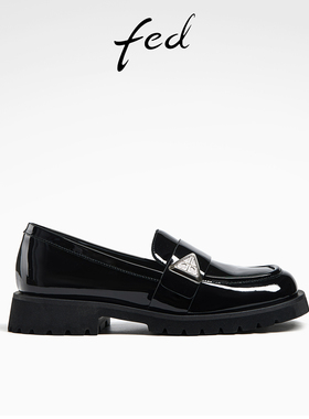 fed黑色皮鞋春季新款女鞋深口单鞋粗跟厚底乐福鞋女款D0125-YA537