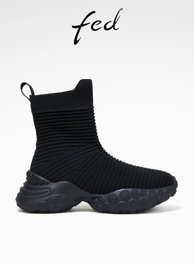 fed弹力袜靴冬季新款女靴黑色运动短靴厚底时装靴女款D1004-ZC251