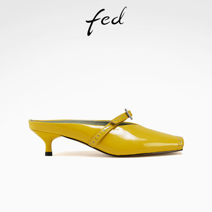 fed方头穆勒鞋夏季新款女鞋黄色半拖细跟真皮凉拖女款S0515-ZC578