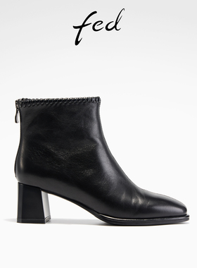 fed粗跟时装靴女冬季新款女靴黑色真皮靴通勤短靴女款S1104-YA070