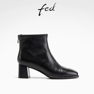 S1104 fed粗跟时装 女靴黑色真皮靴通勤短靴女款 新款 YA070 靴女冬季