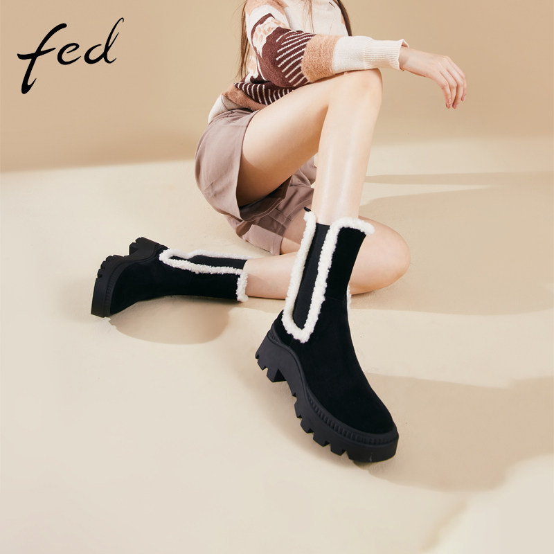 fed厚底切尔西靴冬季新款靴子加绒瘦瘦靴反绒女士短靴1111-YAB563