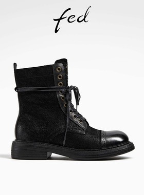 fed粗跟机车靴秋季新款女靴布洛克短靴黑色马丁靴女款D0907-ZC650