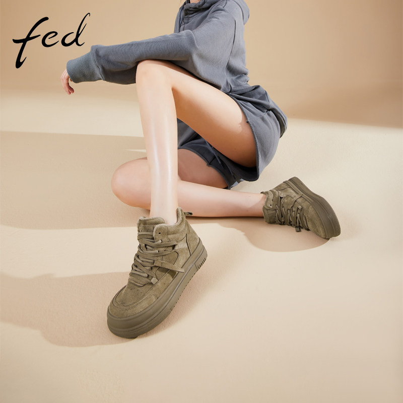 fed加绒女鞋冬季新款复古系带女士显瘦厚底休闲运动鞋1111-ZC566