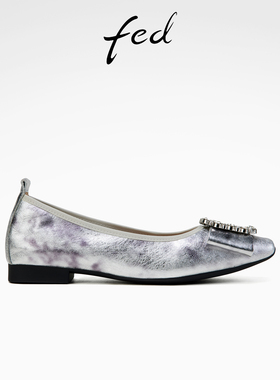 fed浅口单鞋春季新款女鞋银色平底鞋水钻真皮鞋女款D1206-YAB018