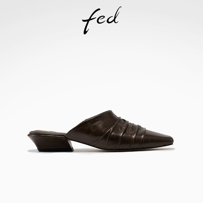 fed琥珀褶语凉拖夏季新款女鞋低跟包头拖鞋真皮穆勒鞋 女款YA588