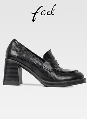 fed一脚蹬羊皮粗跟厚底乐福鞋女复古棕色小皮鞋圆头高跟深口单鞋