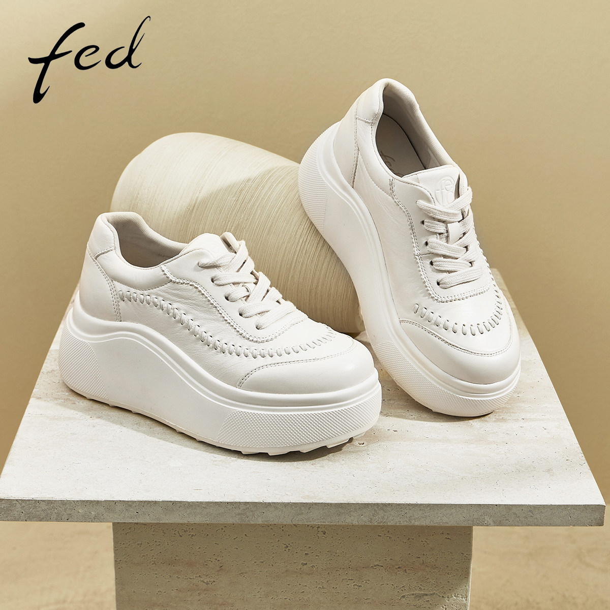 fed夏季新款真皮厚底小白鞋女