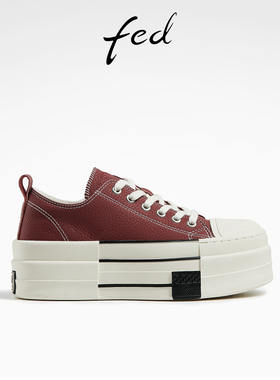 fed红色休闲鞋春季新款女鞋皮面增高鞋厚底板鞋女款D0122-ZCA262