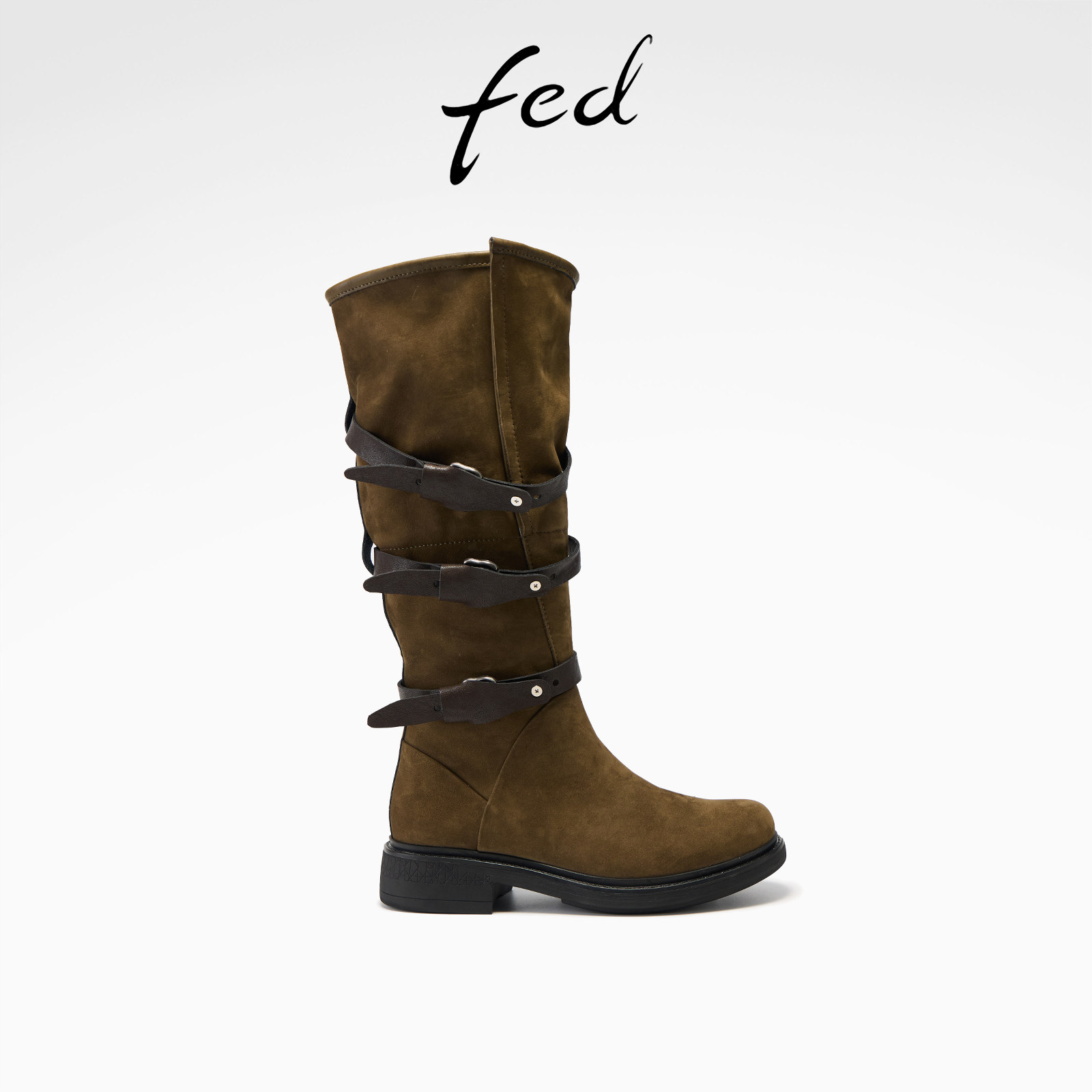 fed橄榄棕磨砂皮带扣中筒靴女