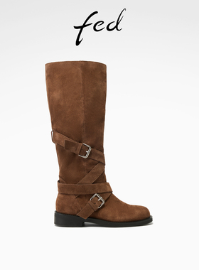 fed复古西部靴冬季新款女靴高筒骑士靴反绒长靴女款S1114-YAB023