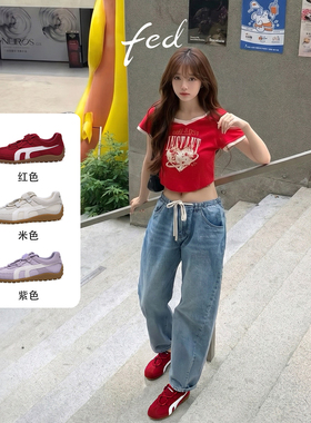 fed红色德训鞋夏季新款舒适透气不累脚运动鞋休闲百搭柔软女鞋