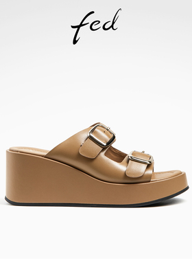 fed坡跟凉拖鞋夏季新款女鞋金属扣饰沙滩鞋外穿拖鞋D0514-YAB657