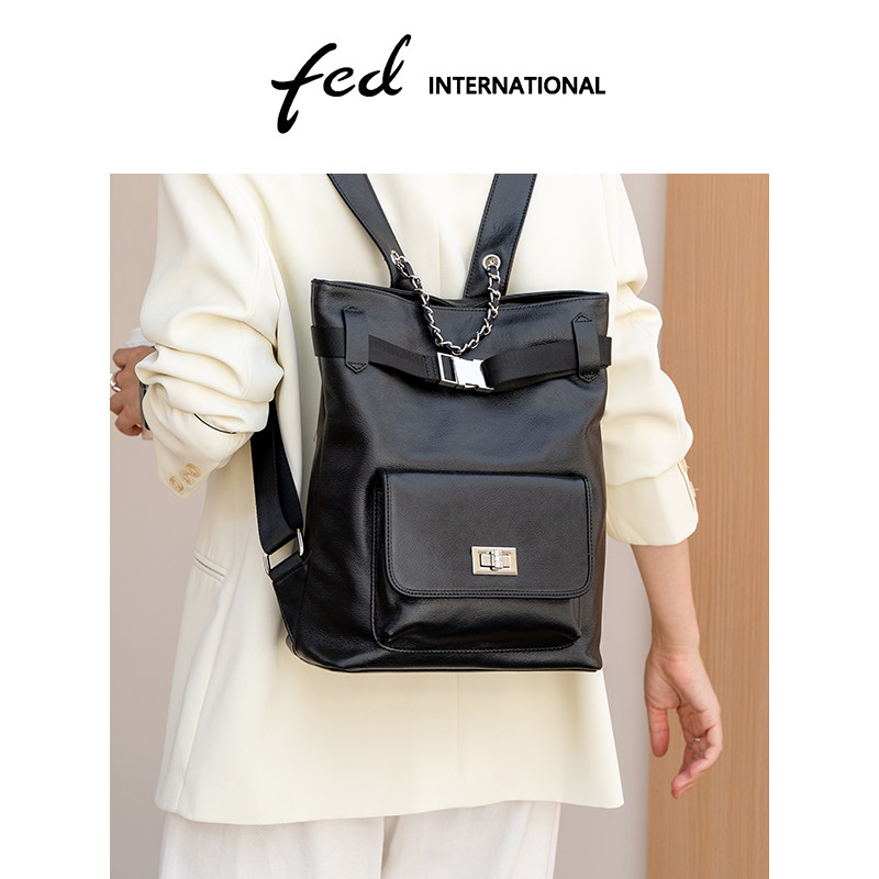 fed简约真皮双肩包女通勤百搭大容量旅行背包黑色商务书包BFA9588