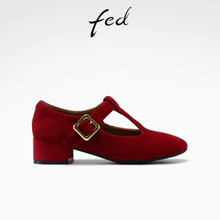 fed赤缎锁光单鞋春季新款女鞋红色玛丽珍鞋T字带高跟鞋女款ZC257