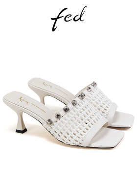 fed法式凉拖夏季新款女鞋高跟一字拖白色外穿拖鞋女S0505-ZCA579