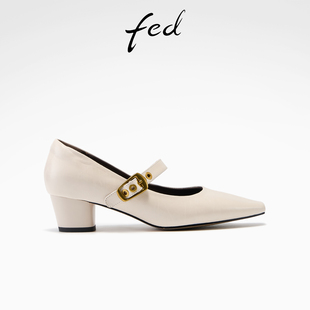 fed法式单鞋春季新款女鞋素雪流光玛丽珍鞋白色小皮鞋女款CAC007