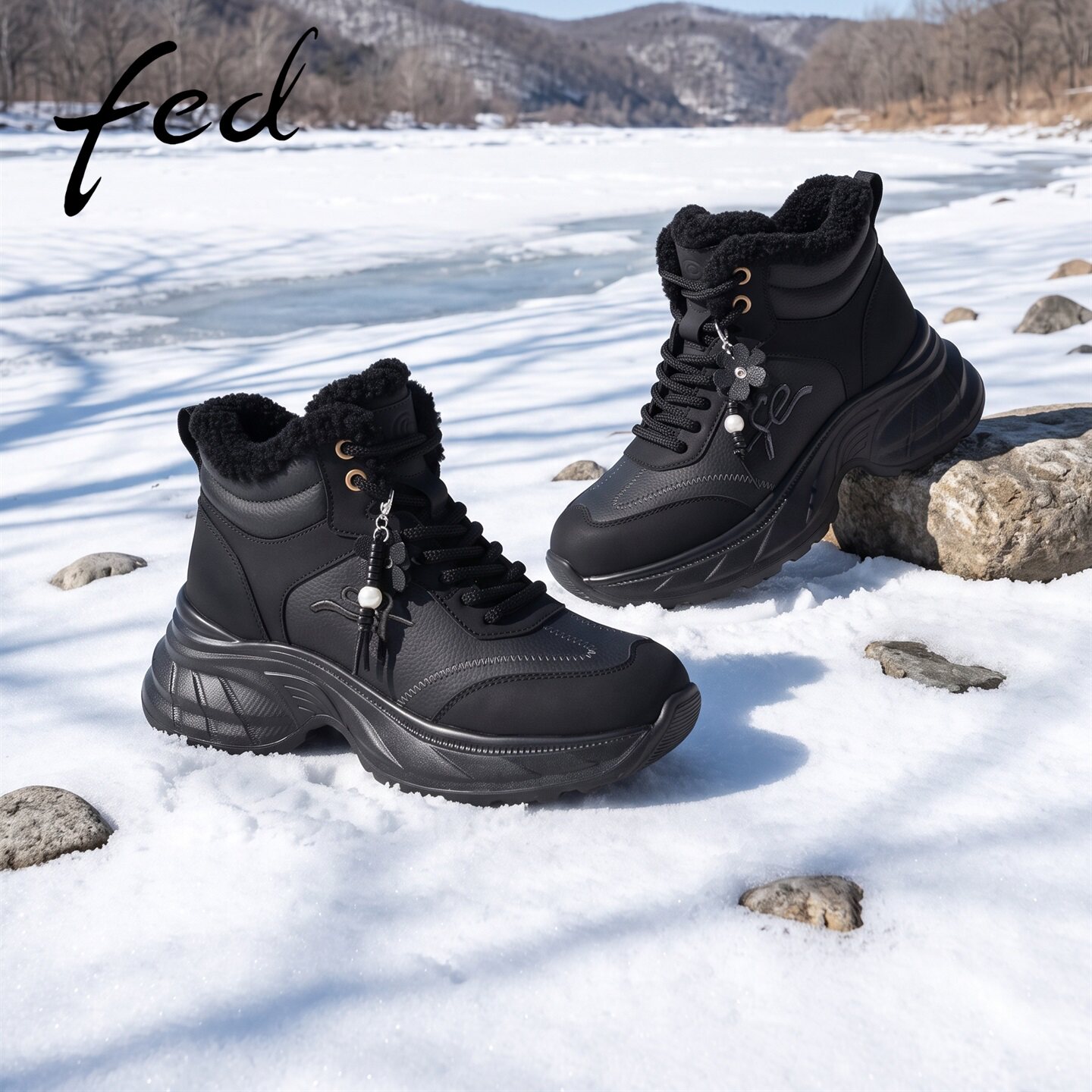 fed黑色厚底雪地靴女冬季加绒