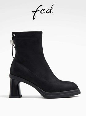 fed高跟时装靴女秋季新款女靴弹力瘦瘦靴黑色短靴女款D0903-YA101