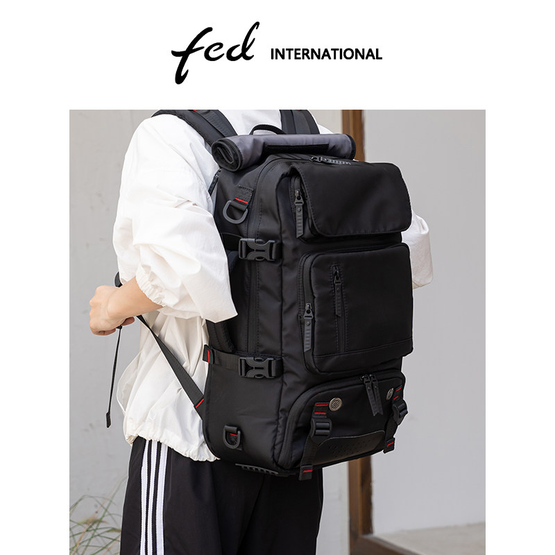 fed户外双肩包男女大容量多功能旅行背包商务通勤防水黑色BFA9734