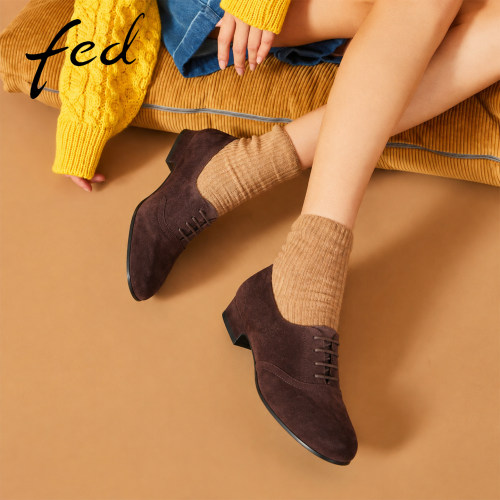 fed深棕色羊猄系带小皮鞋女