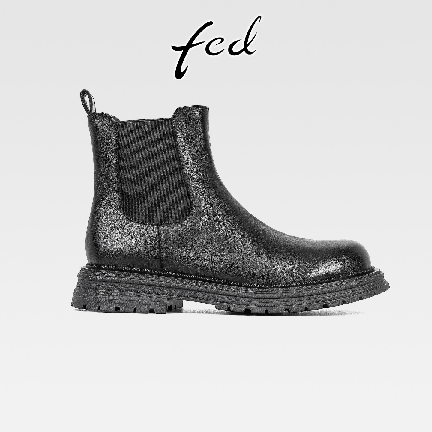 fed英伦风真皮粗跟厚底切尔西靴女复古烟筒靴秋冬款中跟圆头短靴