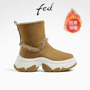 靴子皮毛一体雪地靴保暖棉靴女款 R1113 新款 fed厚底短靴冬季 ZF357