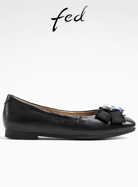 fed方头单鞋女秋季新款女鞋平底通勤鞋黑色真皮鞋女款D0816-ZF111