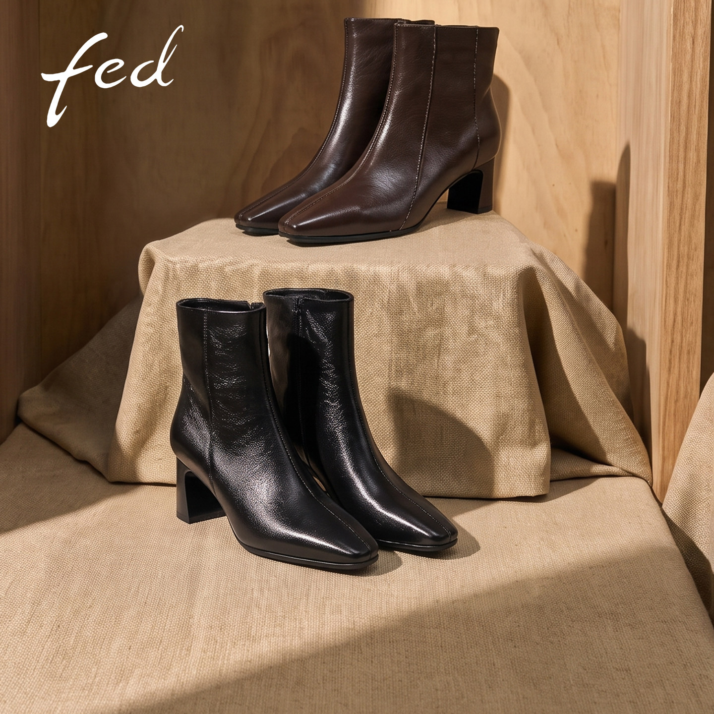 fed真皮方头粗跟显瘦女短靴